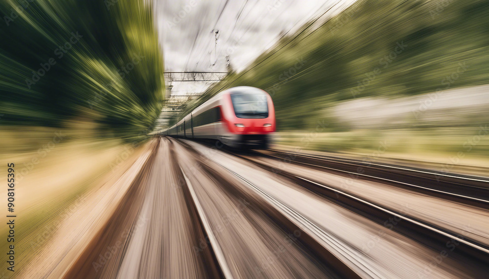 Obraz premium A high-speed train captured with panning technique, the train sharply in focus as it races through a blurred landscape, highlighting the sense of motion and speed. 