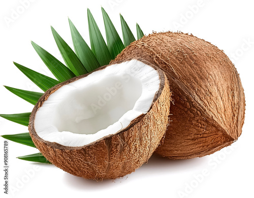 Coconut isolated. Coconut half with slice and piece on white background. Coco nut with leaf.