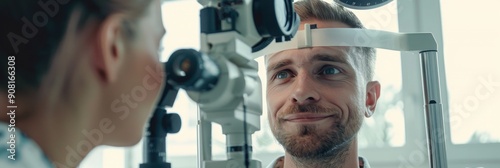 Optometrist conducting vision test on cheerful young man in ophthalmology clinic