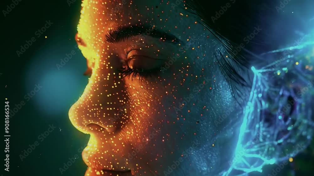 A young caucasian woman's face is illuminated by colorful digital light patterns in a dark room. Her expression is thoughtful, as the lights create a futuristic and technological atmosphere. A young caucasian woman's face is illuminated by colorful digital light patterns in a dark room. Her expression is thoughtful, as the lights create a futuristic and technological atmosphere.
