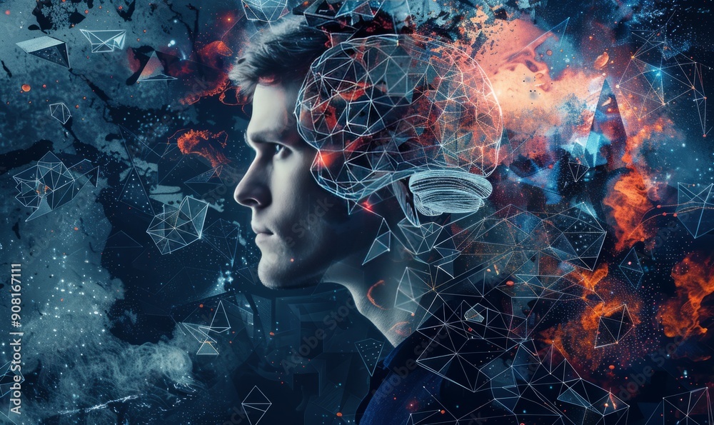 A profile of a man with a visible brain and geometric shapes on an artistic background. A psychological, surrealist, health, science concept A profile of a man with a visible brain and geometric shapes on an artistic background. A psychological, surrealist, health, science concept