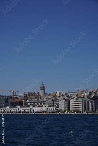 Vertical Galata Tower view taken behind buildings and Marmara Sea.Galata Tower background, view Istanbul.