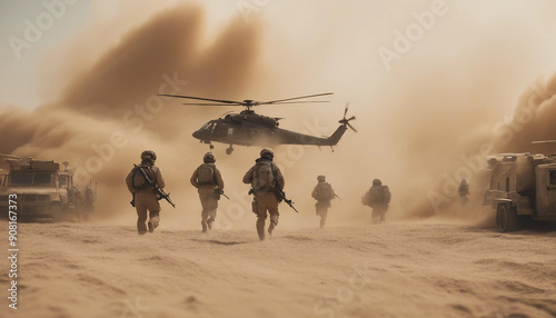 A group of soldiers advancing cautiously through a maze of houses during a raging sandstorm in the Middle East, with helicopter gunships overhead providing air support. photo