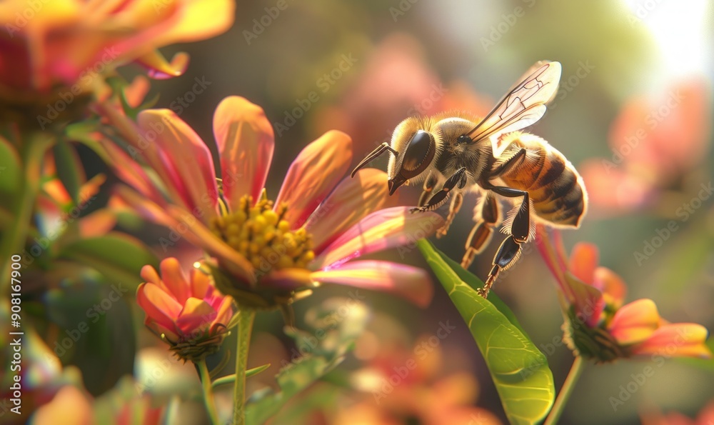 Bees pollinating vibrant flowers, industrious and essential Bees pollinating vibrant flowers, industrious and essential
