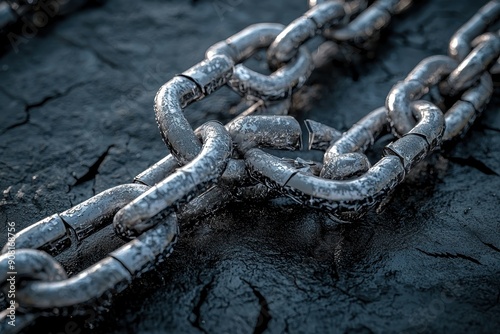 Cracked and broken chains lying on a dark surface, error concept, broken links