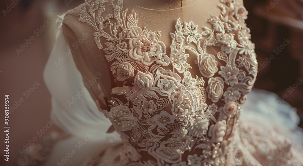 Fototapeta premium Dressmaker meticulously adjusting lace details on a wedding dress displayed on a mannequin in a well-lit studio, highlighting craftsmanship and attention to detail for bridal fashion themes