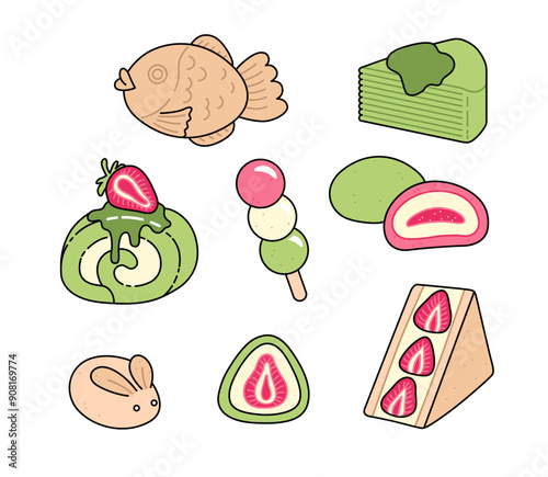 Set of traditional japanese sweets. Cute asian food. Vector illustrations. Isolated objects on white background.