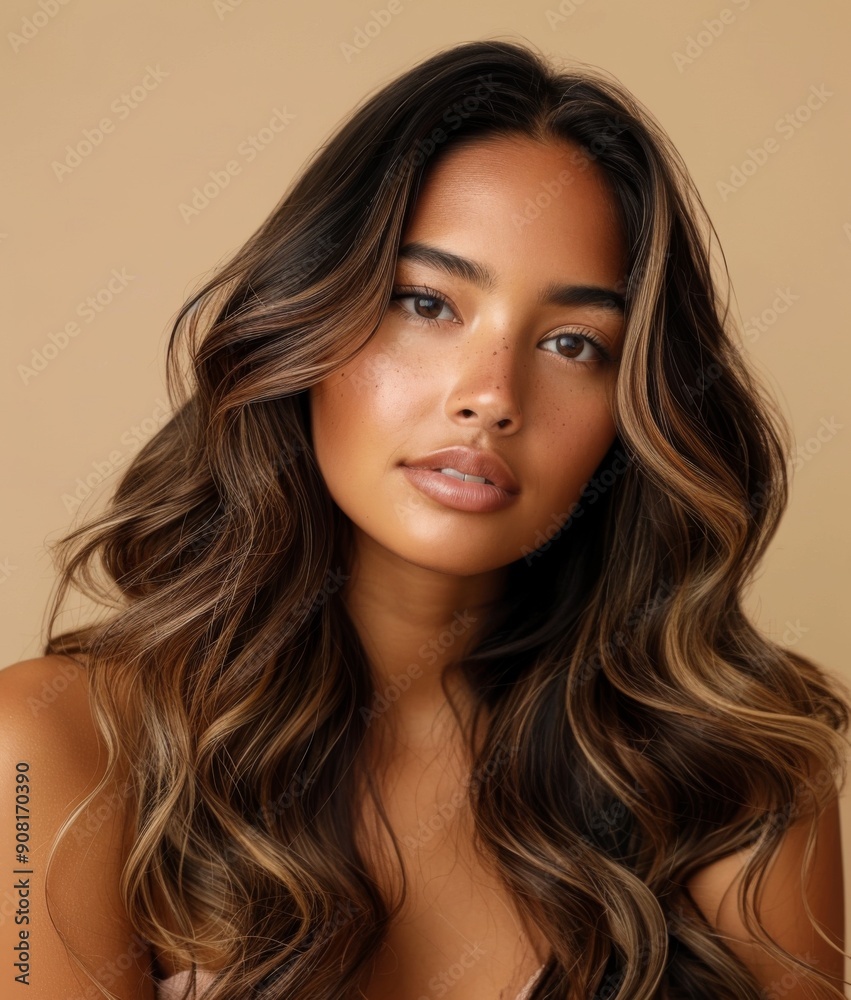 Confident and Alluring Woman with Long, Wavy Hair and Soft Makeup, Against Beige Background, Showcasing Elegance and Grace Confident and Alluring Woman with Long, Wavy Hair and Soft Makeup, Against Beige Background, Showcasing Elegance and Grace