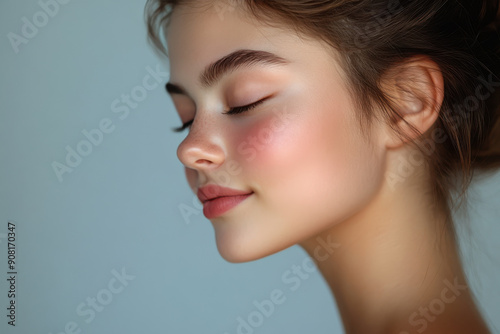 A close up of a girl's face with her eyes closed