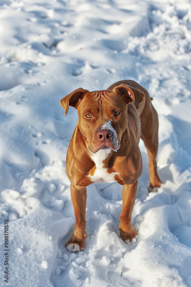Pitbull dog standing in the snow, looking ahead with curious expression. Pitbull dog standing in the snow, looking ahead with curious expression.