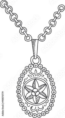 Ornate pendant fashion illustration. Hand drawn accessory
