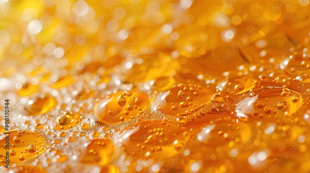 A yellow surface close-up with clear water droplets and a blurry background of water droplets A yellow surface close-up with clear water droplets and a blurry background of water droplets