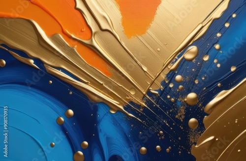 orange, gold and blue oil paint strokes, abstract 3d background photo