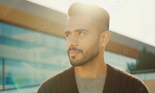 Portrait of a Saudi Arabian man in his 30s in a modern architectural background wearing a chic cardigan