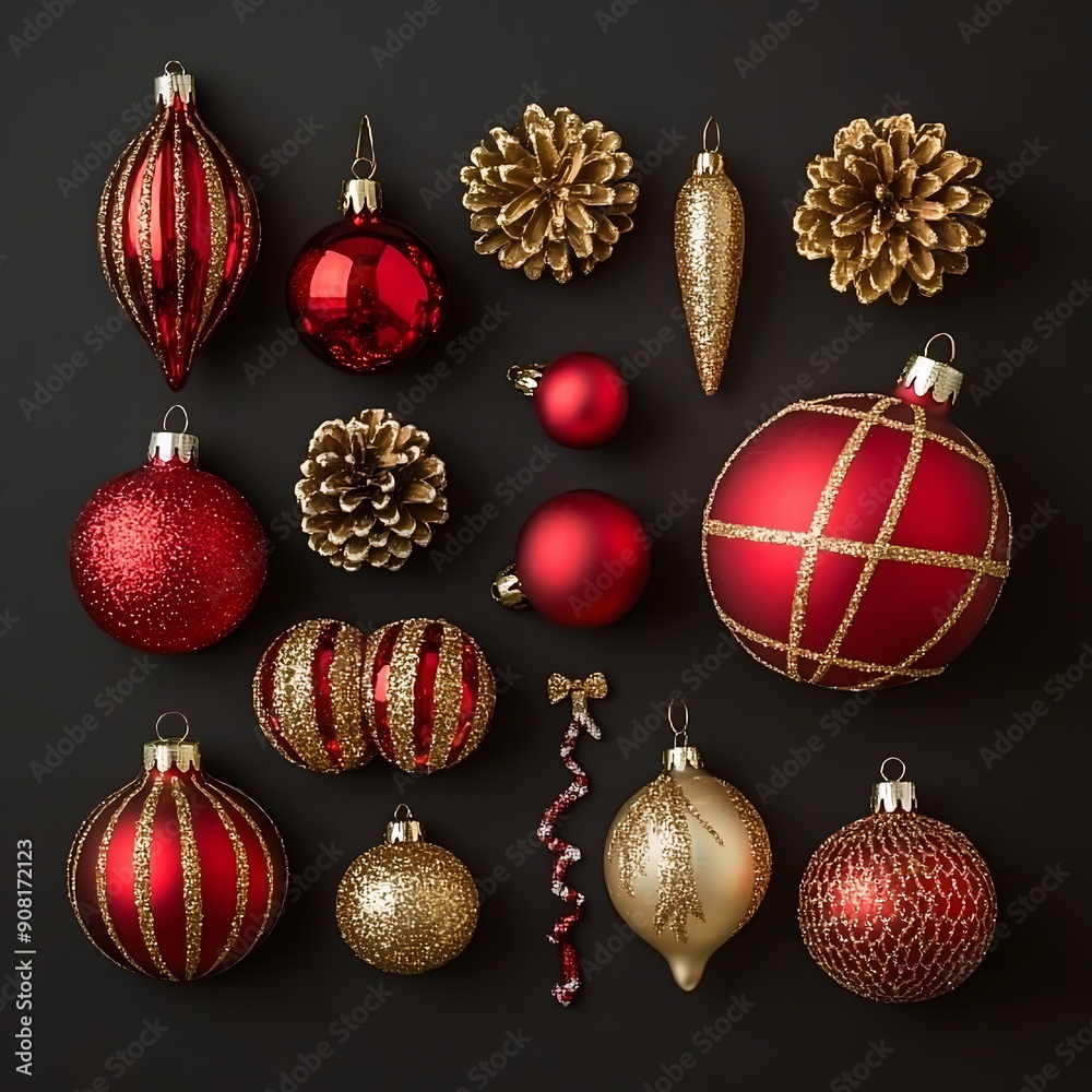 Christmas decorations with red and gold elements on a black background. Square background for social media post. Christmas invitation, poster template, mobile app banner, flyer Christmas decorations with red and gold elements on a black background. Square background for social media post. Christmas invitation, poster template, mobile app banner, flyer