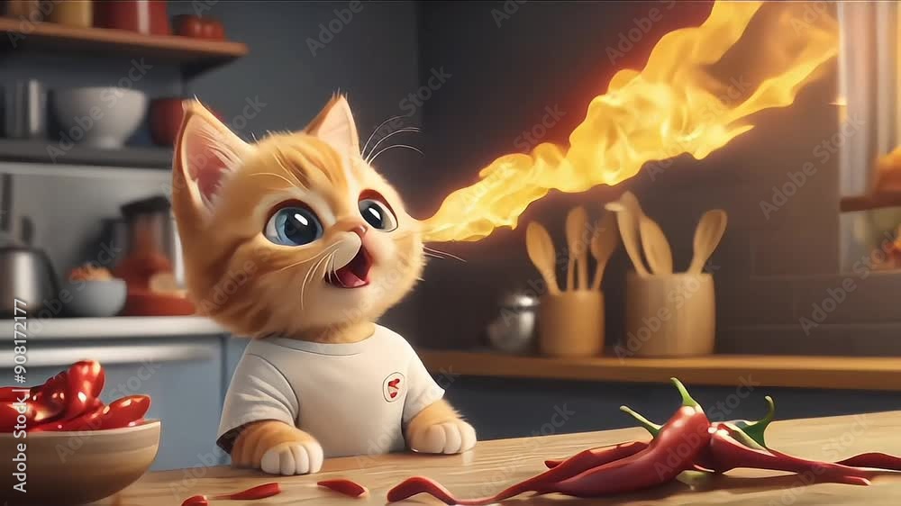 red cat in the kitchen, a cute kitten cook and chili pepper and a funny cartoon story