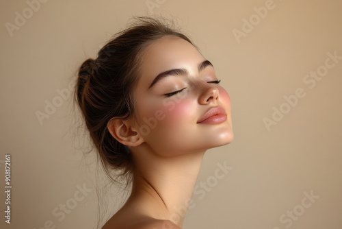 A close up of a girl's face with her eyes closed