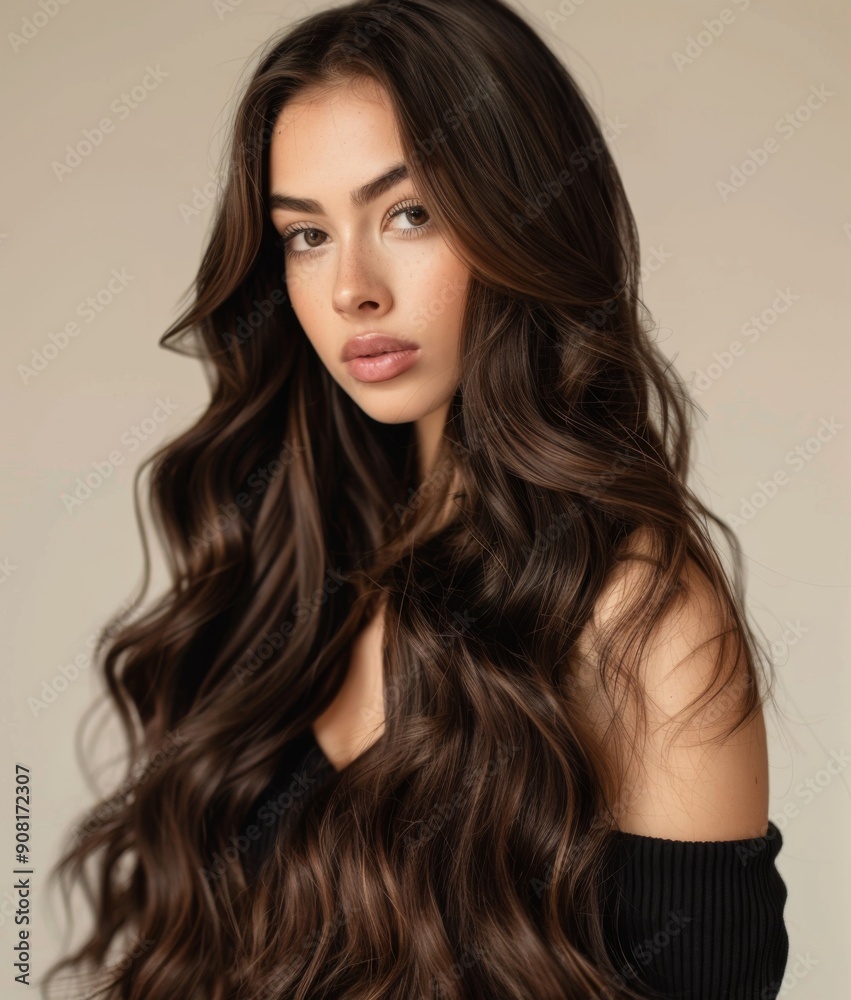 Model with Long, Wavy Dark Brown Hair Showcasing Hair Extensions on Neutral Background, Minimal Makeup Highlighting Eyes and Lips, Exuding Confidence and Elegance Model with Long, Wavy Dark Brown Hair Showcasing Hair Extensions on Neutral Background, Minimal Makeup Highlighting Eyes and Lips, Exuding Confidence and Elegance