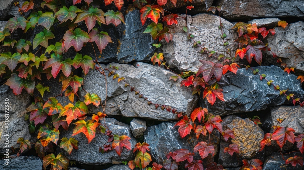 Close-up of an old stone wall with colorful autumn ivy growing over it. Close-up of an old stone wall with colorful autumn ivy growing over it.