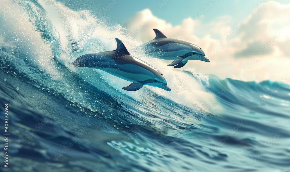 Obraz premium Dolphins leaping in crystal-clear ocean waves, playful and harmonious