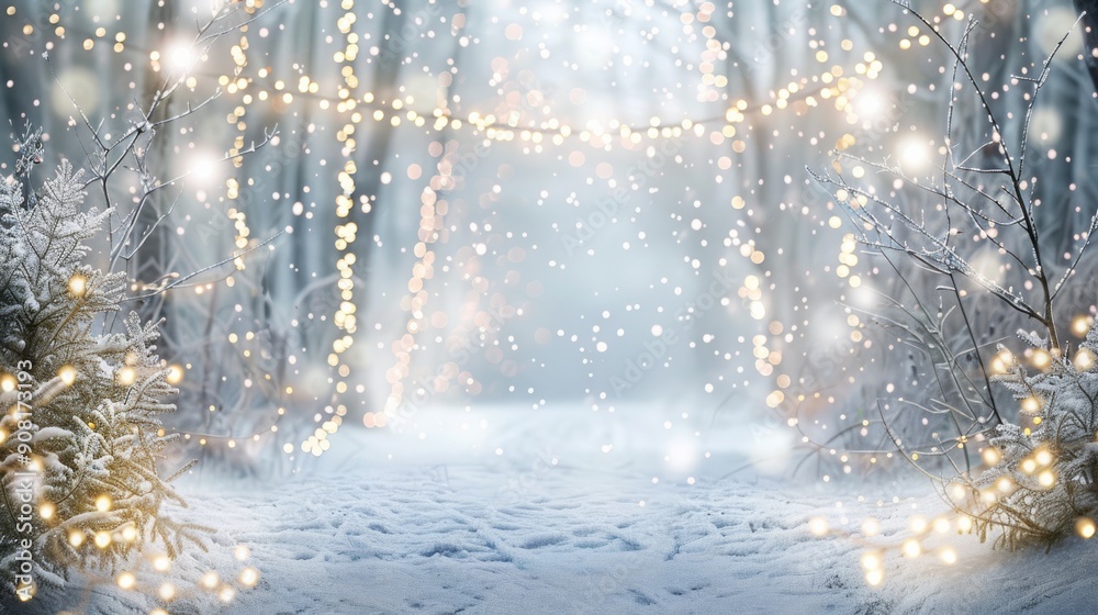 A serene winter landscape featuring a snow-covered background, delicate string lights, and silhouetted trees, creating a peaceful and festive holiday atmosphere A serene winter landscape featuring a snow-covered background, delicate string lights, and silhouetted trees, creating a peaceful and festive holiday atmosphere
