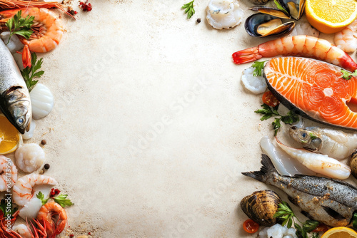 Fresh fish and seafood with blank space.