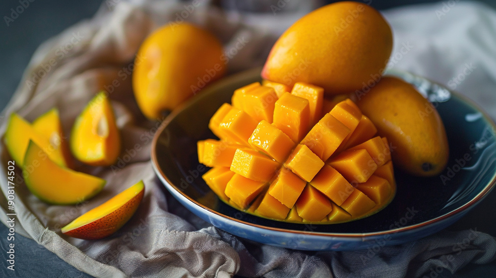 A close-up of a bowl filled with juicy mangoes and oranges, placed alongside the table A close-up of a bowl filled with juicy mangoes and oranges, placed alongside the table