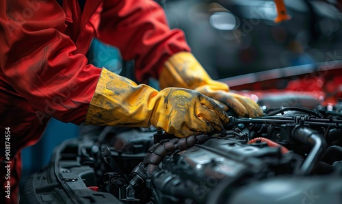 A mechanic wearing red suit and yellow gloves is diligently working on a car engine under the car hood, emphasizing professional auto repair and maintenance © Olha