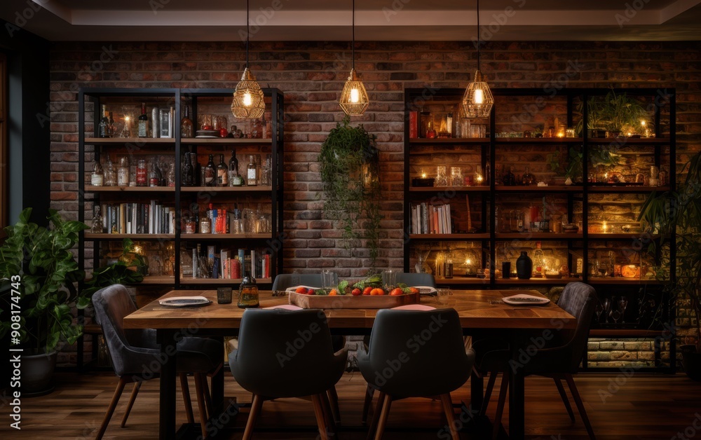 A beautifully arranged dining area features a wooden table set with dishes, surrounded by cozy chairs in a bohemian style ambiance A beautifully arranged dining area features a wooden table set with dishes, surrounded by cozy chairs in a bohemian style ambiance