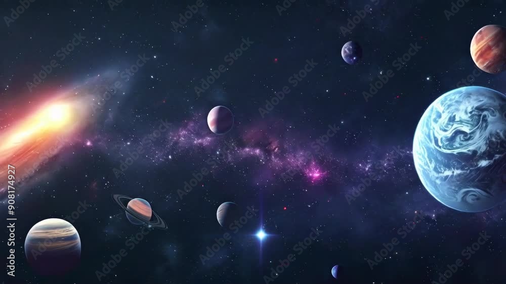 A vivid portrayal of the solar system with multiple planets, including Earth, Jupiter, and Saturn, set against a background of brilliant galaxies and stars in deep space. The scene evokes the A vivid portrayal of the solar system with multiple planets, including Earth, Jupiter, and Saturn, set against a background of brilliant galaxies and stars in deep space. The scene evokes the