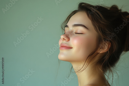 A close up of a girl's face with her eyes closed