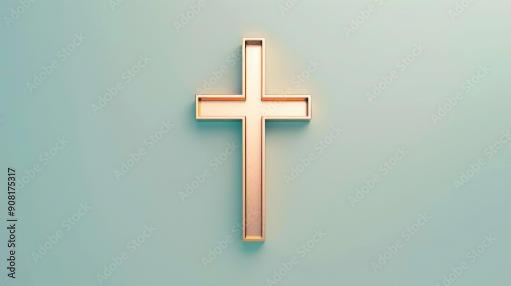 Fototapeta premium Golden Cross on Abstract Blue Background with Geometric Patterns, Soft and Dreamy Atmosphere for Spiritual Reflection