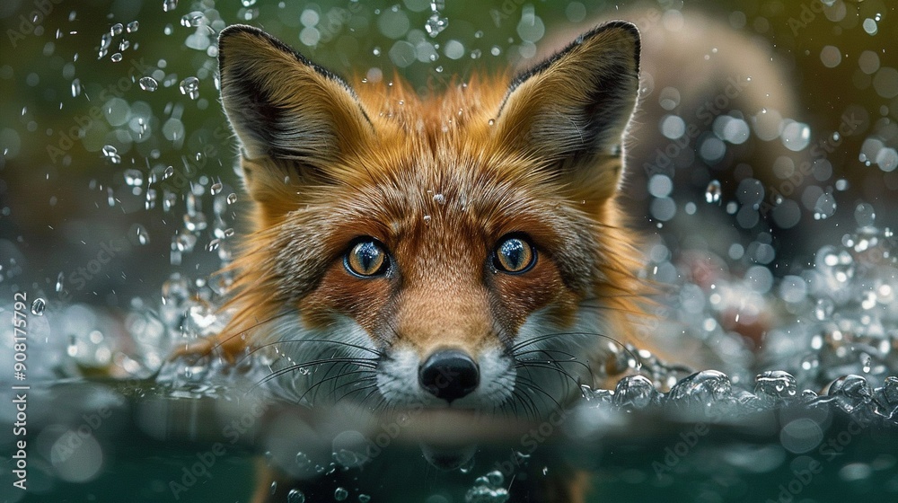A close-up of a fox swimming in water, with droplets on its face A close-up of a fox swimming in water, with droplets on its face