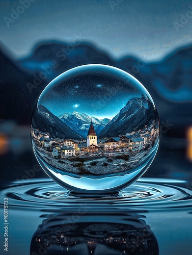 A big world in a small drop. The reflection of a sunset in a glass sphere.