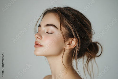 A close up of a girl's face with her eyes closed