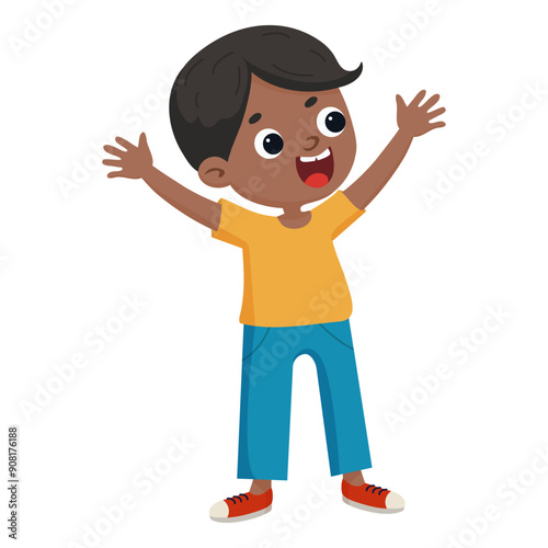 Cheerful children character vector. With dark skin. Back to school, kindergarten, boy happy, smiling. Illustration for education, holiday. On transparent background.