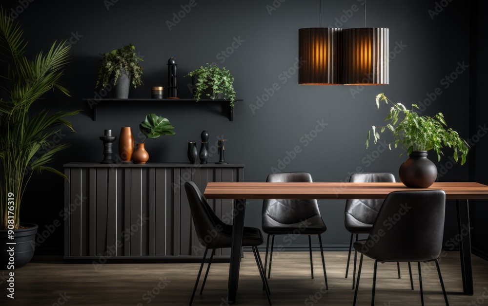 Fototapeta premium A stylish Scandinavian dining room features a dark color palette with modern furnishings, plants, and soft lighting, perfect for evening meals with friends or family