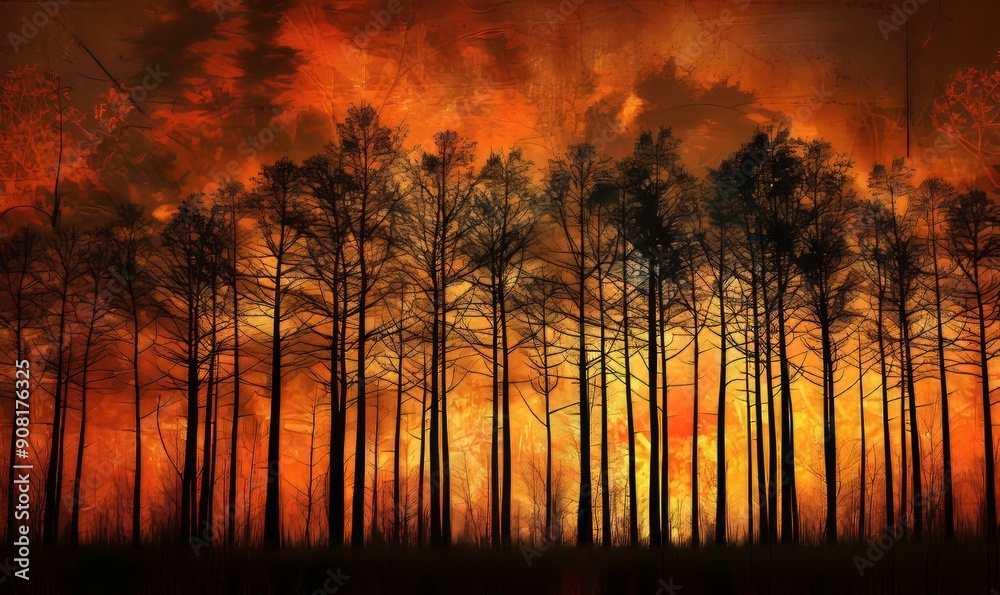 Silhouettes of trees against a fiery autumn sunset, dramatic contrast, serene scene Silhouettes of trees against a fiery autumn sunset, dramatic contrast, serene scene