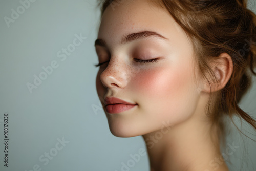 A close up of a girl's face with her eyes closed