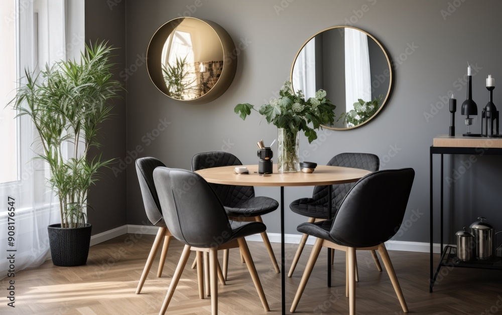 A stylish dining room showcases a round wooden table surrounded by black chairs, complemented by lush greenery and elegant mirrors