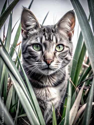 Wallpaper Mural Striking Green-Eyed Cat Observing Its Surroundings Among Vibrant Green Grass During Daytime. Generative AI Torontodigital.ca