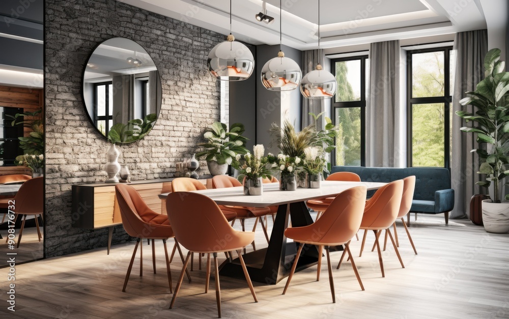Fototapeta premium A beautifully arranged dining room features warm tones, elegant furnishings, and ample natural light filtering through large windows