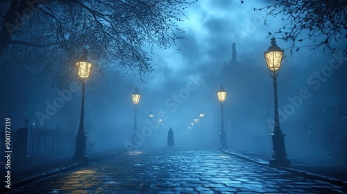 4K 3D Animation A foggy street with vintage gas lamps casting eerie shadows, with a distant figure in a cloak