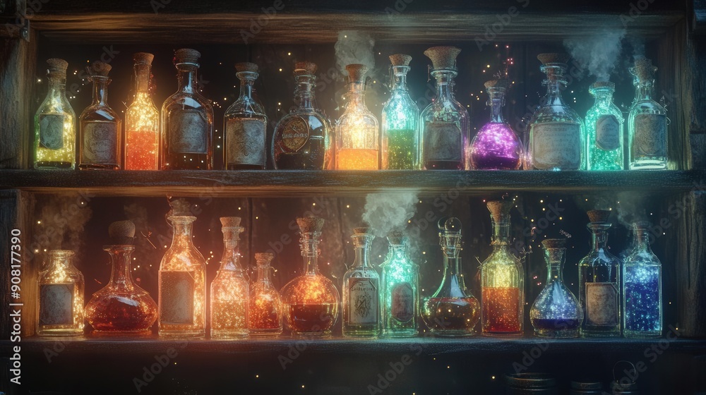 4K Realistic Animation A witch's potion shelf with glowing bottles and magical ingredients 4K Realistic Animation A witch's potion shelf with glowing bottles and magical ingredients