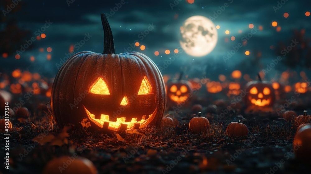 8K Realistic A spooky pumpkin patch with glowing jack-o'-lanterns and a full moon 8K Realistic A spooky pumpkin patch with glowing jack-o'-lanterns and a full moon