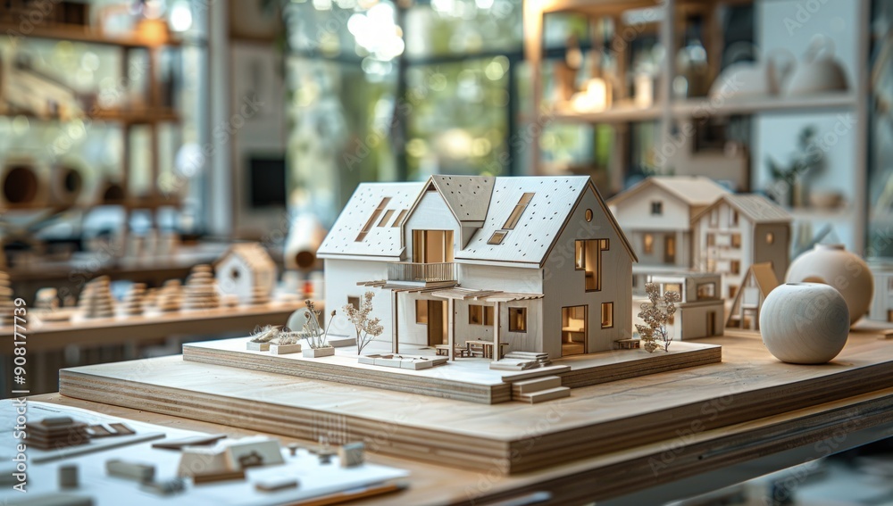 A white model of small houses on a table, next to some building plans and other construction tools.