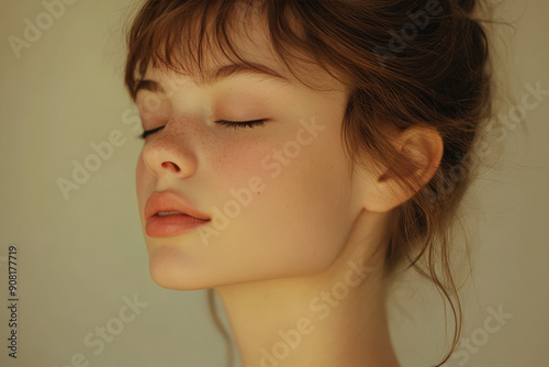 A close up of a girl's face with her eyes closed