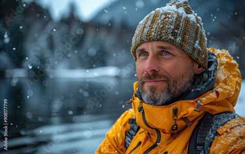 The coach stands by the lake, surrounded by snow-covered trees, smiling as snowflakes fall softly around him in a serene winter setting photo