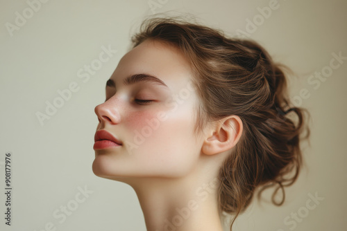 A close up of a girl's face with her eyes closed