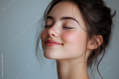 A close up of a girl's face with her eyes closed